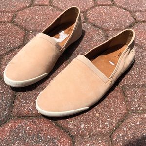 blush pink suede look slides